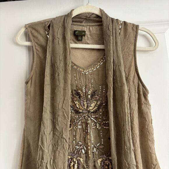 Fei Anthropologie Sheer Sequin Tie Top Sz M Taupe Boho Fairy Whimsigoth 90s Y2K - Picture 3 of 10